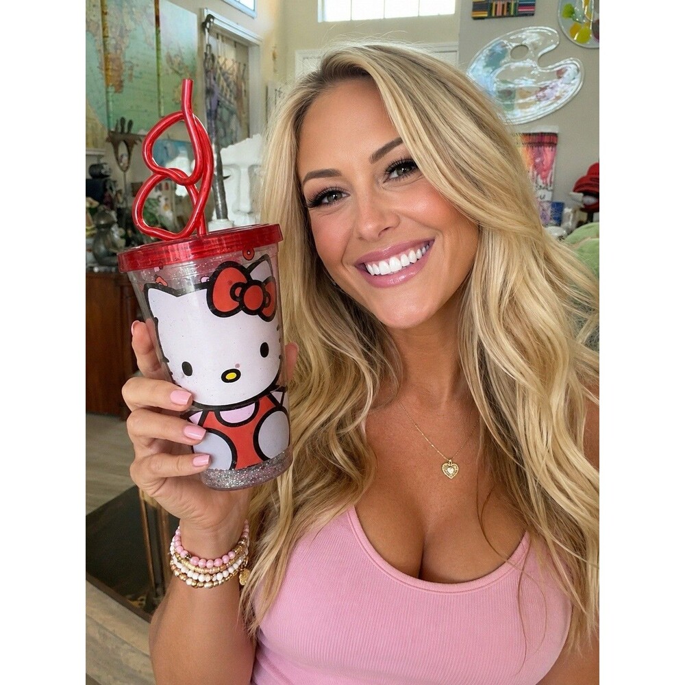 Hello Kitty Glitter 16 oz Tumbler Red Hearts Straw Sanrio Travel Cup Collectible